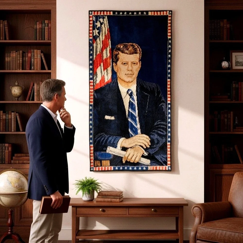 John F Kennedy Home 24x46 JFK Portrait Woven Tapestry Blue Vintage Y2K